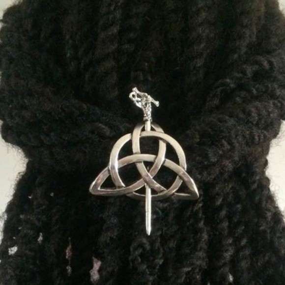 None Accessories - Celtic Triquetra Hair Jewelry Barrette with Dragon Head Stick Silver-tone Boho